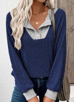 EVALESS Womens Fall Fashion 2025 Womens Long Sleeve Shirts Patchwork Button Up V Neck Sweatshirt Casual Pullover Tops - Image 3