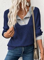 EVALESS Womens Fall Fashion 2025 Womens Long Sleeve Shirts Patchwork Button Up V Neck Sweatshirt Casual Pullover Tops - Image 5