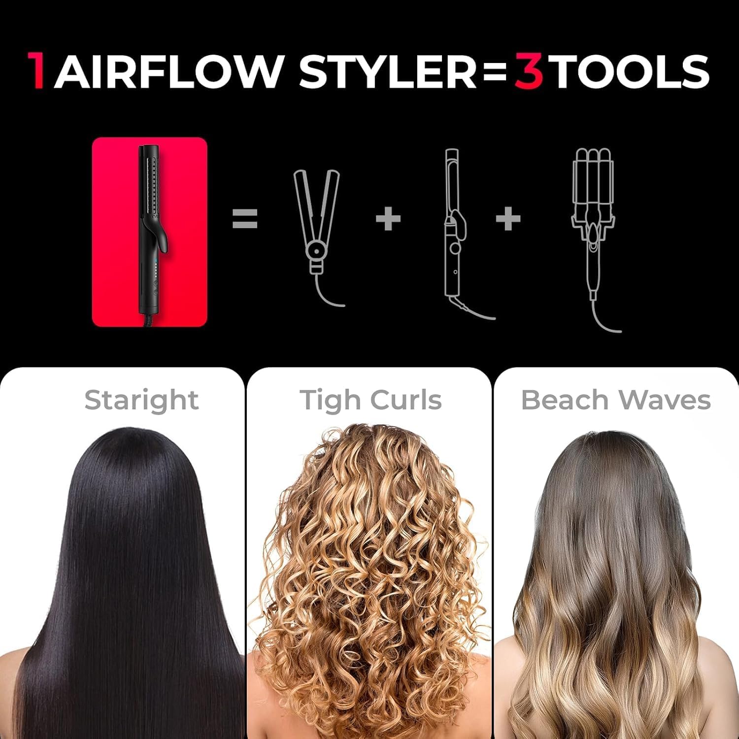 TYMO Airflow 2.0 Curling Iron Flat Iron - Hair Straightener and Curler 2 in 1, 1.25 Inch Curling Wand for Long Short Hair, Dual Voltage for Travel, 54 Million Ionic, Anti-Tangle, 5 Temps, Black - Image 3