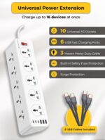 10 Way 3M Power Extension Cord 6 USB Ports 33W, 10 Universal Outlets, 3 USB-C PD & 3 USB-A, 33W Fast Charging, Heavy Duty Surge Protector, Includes 2 USB-C Cables (3M) - Image 3