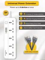 5 Way 3M Power Extension Cord with 4 USB, 20W USB-C PD and USB-A QC Fast Charging, 5 Universal Outlet Multi Plug Power Strip, Includes 2 USB Cables, 3 meters Cable - Image 3
