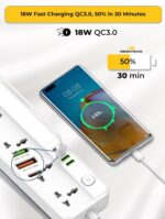 5 Way 3M Power Extension Cord with 4 USB, 20W USB-C PD and USB-A QC Fast Charging, 5 Universal Outlet Multi Plug Power Strip, Includes 2 USB Cables, 3 meters Cable - Image 4