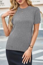 Arach&Cloz Women's Lightweight Wool Blend Short Sleeve Sweater Top Business Casual - Image 3