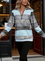 Women's Casual Long Sleeve Pullover Sweatshirt Stripes Half-Zip Vintage Print Loose Top Fall Fashion Outfits Clothes - Image 5