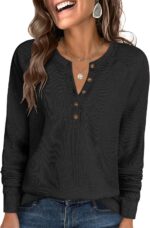 ANRABESS Women's Long Sleeve Waffle Knit Shirts Dressy Casual Loose Button Up V Neck Henley Tops 2025 Fall Basic Tee Blouse - Image 2