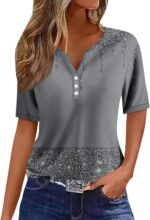 Tops for Women Summer Cute Button Down Summer V Neck Shirts Henley Blouses Dressy Fashion Print Clothes - Image 2