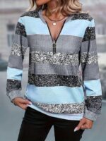 Women's Casual Long Sleeve Pullover Sweatshirt Stripes Half-Zip Vintage Print Loose Top Fall Fashion Outfits Clothes - Image 2