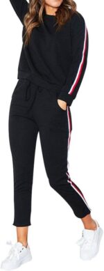 Womens Long Sleeve 2-Piec Tracksuits Set Ladies Striped Active Sport Loungewear Sweatshirts - Image 2