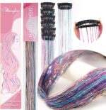 Umylar Clip in Hair Tinsel,Pack of 12 Pcs,20 Inch Colorful Glitter Tinsel Hair Extensions,Festival Gift Tinsel Fairy Hair Extension Party Dazzle Hair Accessories Strands Kit for Women Girls Kids(20 - Image 3