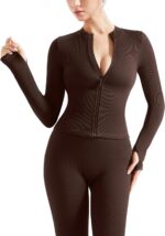 SUUKSESS Women 2 Piece Seamless Ribbed Workout Sets With Zip Up Jacket High Waisted Gym Yoga Leggings - Image 3