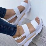 Women's Solid Colour Sweet Style Sandals - 1 Pair Women Sandals High Heels Faux Leather Platform Peep Toe Wedges Shoes Footwear White 40 EU - Image 3
