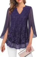 VALOLIA Women's 3/4 Sleeve Floral Tunic Tops V Neck Double Layers Loose Fit Mesh Blouses Shirt - Image 3