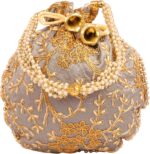 Touchstone NEW! Traditional Indian Hand Embroidered Floral Faux Pearls Strings Shopping Gifts Jewelry Wedding Sweet Distribution Drawstring Fancy Grey Bag Purse Pouch for Women. - Image 4