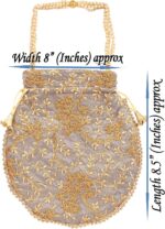 Touchstone NEW! Traditional Indian Hand Embroidered Floral Faux Pearls Strings Shopping Gifts Jewelry Wedding Sweet Distribution Drawstring Fancy Grey Bag Purse Pouch for Women. - Image 5