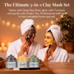 ANAI RUI 3PCS Clay Mask Set - Dead Sea Mud, Turmeric & Green Tea Face Mask for Acne, Blackheads & Dark Spots - Brightening Spa Gift Set for Women & Men - Pore Cleansing & Oil Control (3x70g) - Image 3