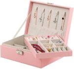 Portable 2 Layer Makeup Storage Case Women Girl’s Jewelry Box Premium PU-Leather Travel Jewelry Makeup Accessories with Smart Key Lock for Necklace, Bracelet, Earrings, Rings (PINK) - Image 2