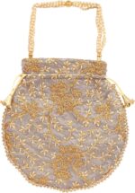 Touchstone NEW! Traditional Indian Hand Embroidered Floral Faux Pearls Strings Shopping Gifts Jewelry Wedding Sweet Distribution Drawstring Fancy Grey Bag Purse Pouch for Women. - Image 2