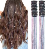 Umylar Clip in Hair Tinsel,Pack of 12 Pcs,20 Inch Colorful Glitter Tinsel Hair Extensions,Festival Gift Tinsel Fairy Hair Extension Party Dazzle Hair Accessories Strands Kit for Women Girls Kids(20 - Image 2