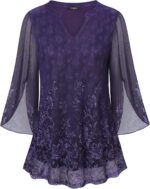 VALOLIA Women's 3/4 Sleeve Floral Tunic Tops V Neck Double Layers Loose Fit Mesh Blouses Shirt - Image 2