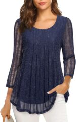 VALOLIA Women's 3/4 Sleeve Tunic Tops Casual Loose Fit Floral Blouses Mesh Pleated Layered Shirt - Image 2