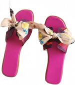 Women's Flat Slide Sandals with Floral Print Bow, Pink, Open Toe, Slip-On, Synthetic, Casual - Image 2