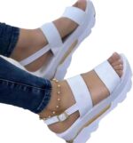 Women's Solid Colour Sweet Style Sandals - 1 Pair Women Sandals High Heels Faux Leather Platform Peep Toe Wedges Shoes Footwear White 40 EU - Image 2