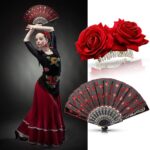 TERRIFI 2 Pieces Women Rose Flower Hair Clip and Embroidered Sequins Fabric Handheld Folding Fan Hair Accessories for Flamenco Dancer Costume Accessories Girl Cosplay Party - Image 5