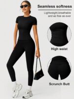 Women's 2 Piece Seamless Workout Set - Short Sleeve Top & High Waist Scrunch Butt Leggings,Activewear for Yoga,Gym&Daily Wear - Image 3