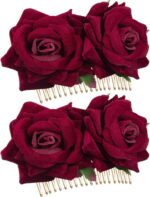 2 Pack Rose Flower Hair Clip Women Rose Flowers Hair Accessories Wedding Hair Clip Flamenco Dancer for Women Girls, Ball Party Masquerade and Cosplay (Dark Red) - Image 2