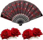 TERRIFI 2 Pieces Women Rose Flower Hair Clip and Embroidered Sequins Fabric Handheld Folding Fan Hair Accessories for Flamenco Dancer Costume Accessories Girl Cosplay Party - Image 2