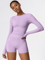 Women Long Sleeve Workout Top, Quick Dry Athletic Training Shirts, Tight Fit Crewneck Crop Tops for Gym Yoga - Image 2